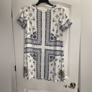 Loft white summer dress with blue and yellow accents lightweight rayon material